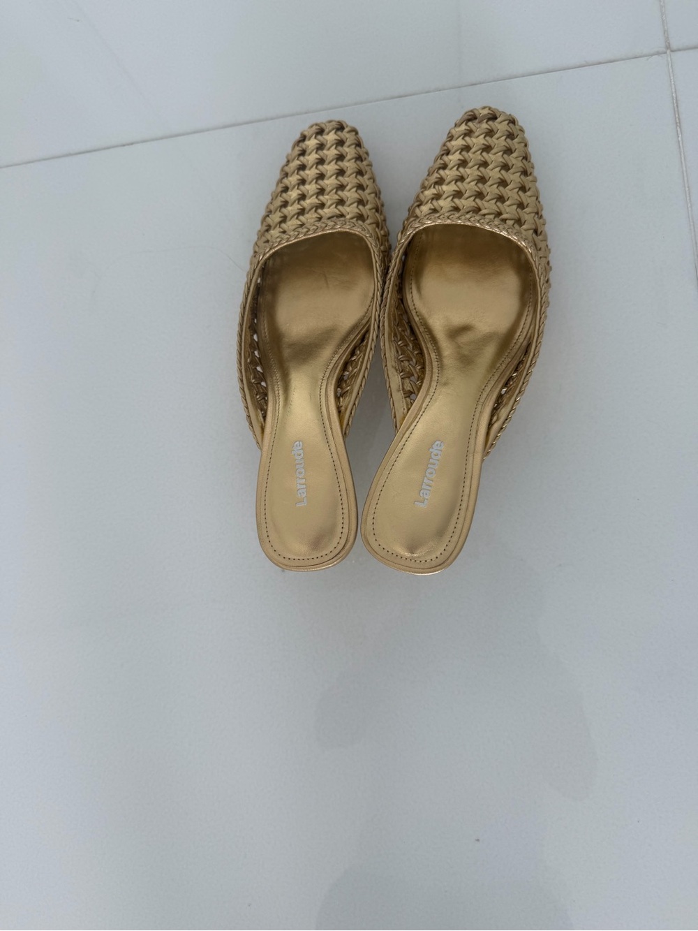 Larroude Gold Woven Slip-On Mules